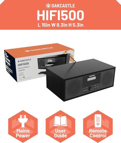 Blueooth 5.2 Stereo System for Home | Powerful 60W CD Player with Inbuilt Stereo Speakers and Remote | USB & AUX Playback, | FM Radio, 30 Pre-sets, Wooden Construction | Oakcastle HIFI500 in Kuwait
