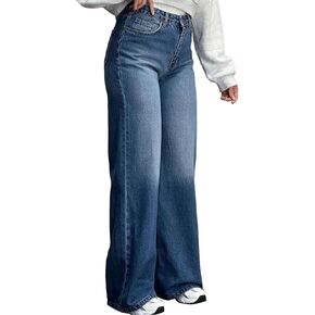 جينز نسائي مستقيم الساق بخصر عالٍ وفضفاض من قماش الدنيم فضفاض غير رسمي قابل للتمدد in Kuwait