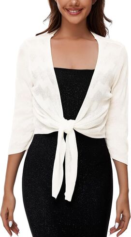 Women's Tie Front Bolero Crochet Cardigan Shrug Sweater 3/4 Sleeve Knotted Lightweight Short Shawl Top in Kuwait