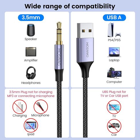 MOSWAG USB to 3.5mm TRS Audio Jack Adapter, USB Male to 3.5mm AUX Stereo Audio Cable, Nylon Braided USB to AUX Converter for PC, Laptop, Windows, Mac OSX, Headphones（Does not Support in Vehicle） in Kuwait