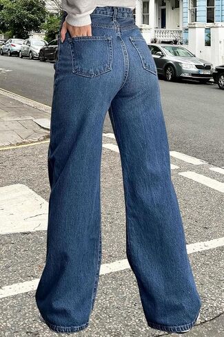 جينز نسائي مستقيم الساق بخصر عالٍ وفضفاض من قماش الدنيم فضفاض غير رسمي قابل للتمدد in Kuwait