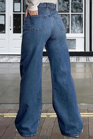 جينز نسائي مستقيم الساق بخصر عالٍ وفضفاض من قماش الدنيم فضفاض غير رسمي قابل للتمدد in Kuwait