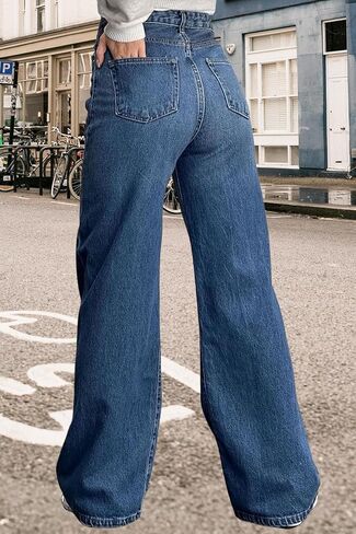 جينز نسائي مستقيم الساق بخصر عالٍ وفضفاض من قماش الدنيم فضفاض غير رسمي قابل للتمدد in Kuwait