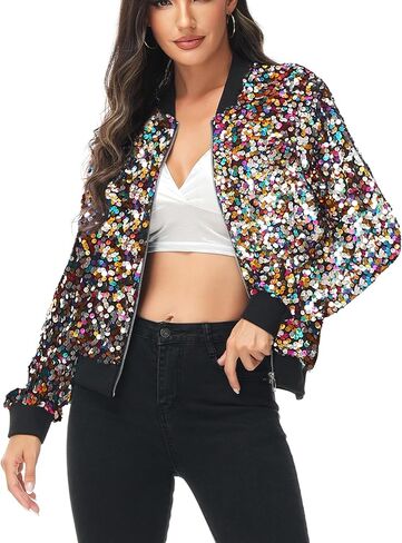 Anna-Kaci Womens Sequin Jacket Bomber Coat 1989 Slitter Outfit For Concert Party, Red, Medium in Saudi Arabia