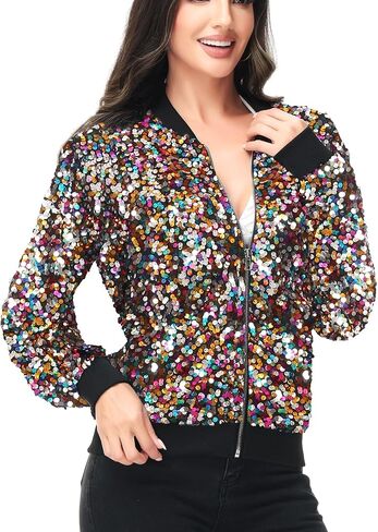 Anna-Kaci Womens Sequin Jacket Bomber Coat 1989 Slitter Outfit For Concert Party, Red, Medium in Saudi Arabia