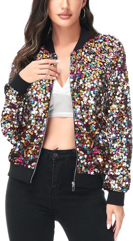 Anna-Kaci Womens Sequin Jacket Bomber Coat 1989 Slitter Outfit For Concert Party, Red, Medium in Saudi Arabia