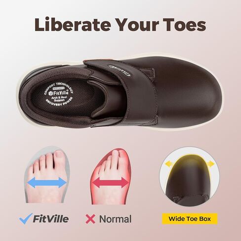 FitVille Diabetic Shoes for Men Extra Wide Slip-on Walking Shoes for Edema Hook & Loop Recovery Leather Shoes for Swollen Feet (8.5 Wide) Black in Kuwait