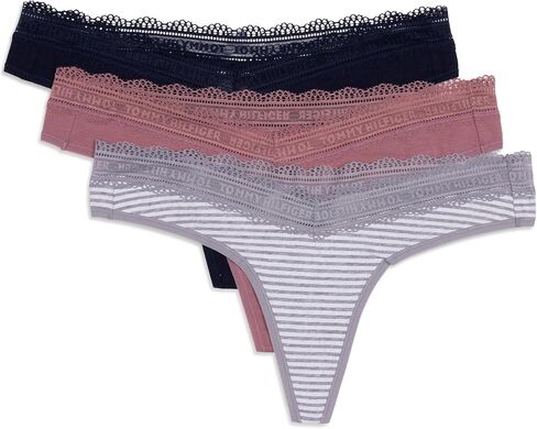 Tommy Hilfiger Women's 3pk Cotton Logo Lace Trim V Thong in Saudi Arabia