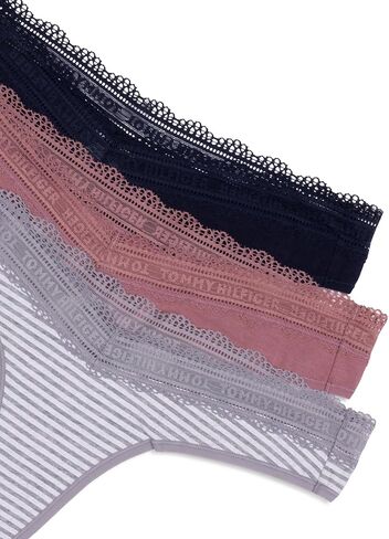 Tommy Hilfiger Women's 3pk Cotton Logo Lace Trim V Thong in Saudi Arabia