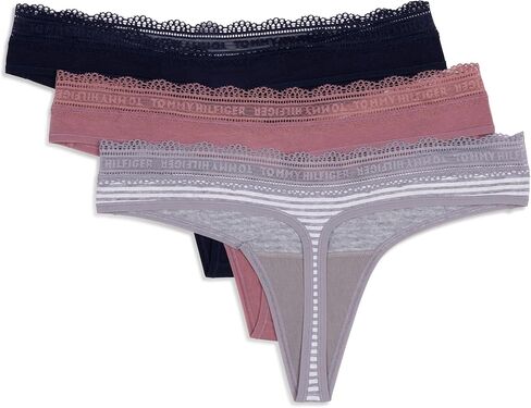 Tommy Hilfiger Women's 3pk Cotton Logo Lace Trim V Thong in Saudi Arabia