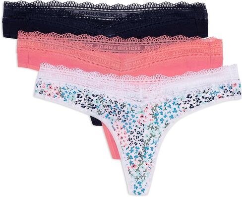 Tommy Hilfiger Women's 3pk Cotton Logo Lace Trim V Thong in Saudi Arabia