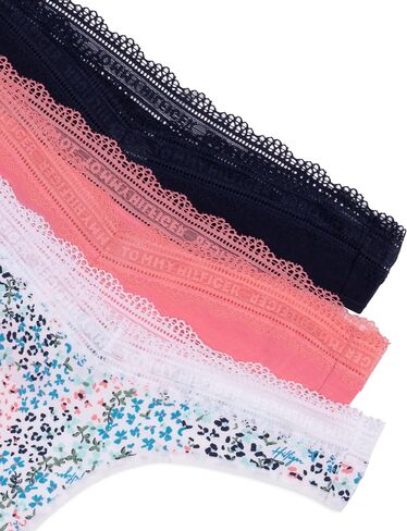 Tommy Hilfiger Women's 3pk Cotton Logo Lace Trim V Thong in Saudi Arabia