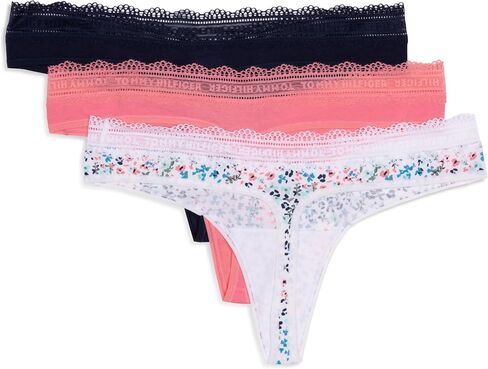 Tommy Hilfiger Women's 3pk Cotton Logo Lace Trim V Thong in Saudi Arabia