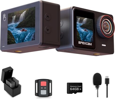 Apexcam Action Camera 4K/60FPS with 64GB SD Card,131FT Waterproof Underwater Camera 48MP Sports Camera WiFi Touch Screen Helmet Camera with External Mic, Remote Control,Mounting Accessories Kit in Kuwait
