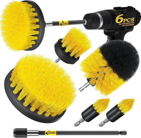 HOLIKME 6PACK DRILL BURCH PORCH SCRUBBER CLEANING BREDT ممتدة طويلة مرفق مجموعة كل مجموعة فرش فرك الحفر للجص ، الأرضية ، الحوض ، الدش ، البلاط ، الحمام وسطح المطبخ ， الأصفر in Kuwait