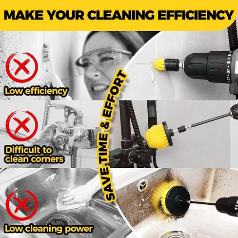 HOLIKME 6PACK DRILL BURCH PORCH SCRUBBER CLEANING BREDT ممتدة طويلة مرفق مجموعة كل مجموعة فرش فرك الحفر للجص ، الأرضية ، الحوض ، الدش ، البلاط ، الحمام وسطح المطبخ ， الأصفر in Kuwait