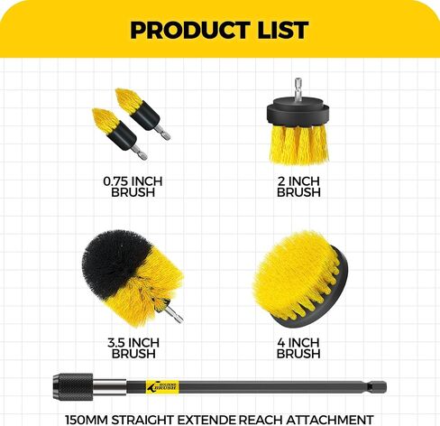 HOLIKME 6PACK DRILL BURCH PORCH SCRUBBER CLEANING BREDT ممتدة طويلة مرفق مجموعة كل مجموعة فرش فرك الحفر للجص ، الأرضية ، الحوض ، الدش ، البلاط ، الحمام وسطح المطبخ ， الأصفر in Kuwait