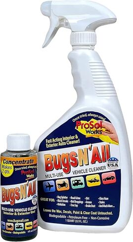 Bugs n 'All Multipurphose Car Cleaner & Degreaser - Bug & Tar Remover Concentrate 4 Oz - منظف خارجي آمن لطلاء السيارة والمعادن والكروم والألومنيوم والنوافذ والمرايا - ث/زجاجة رذاذ 32 أوقية مجانية in Kuwait