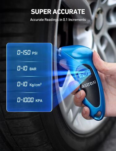 AstroAI Tire Pressure Gauge Digital 0-150PSI (Accurate in 0.1 Increments), 4 Settings Stocking Stuffers for Car Truck Bicycle with Backlight LCD and Presta Valve Adaptor, Sliver in Kuwait