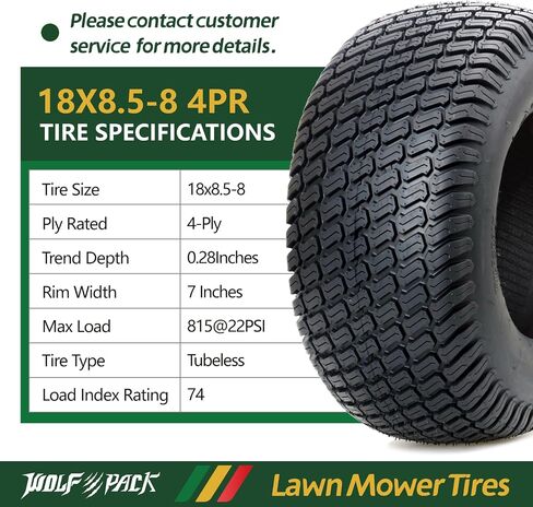 WOLF PACK 18x8.5-8 Lawn Mower Tire, Turf Saver Lawn & Garden Tire for Craftsman John Deere Dixon Walker Mower, 4 ply Tubeless, 815lbs Capacity-WP3007 in Saudi Arabia
