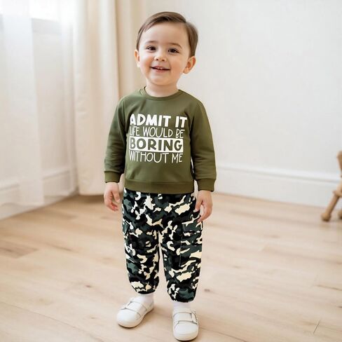 wdehow Toddler Kids Baby Boy Fall Outfits 1T 2T 3T 4T 5T Letter Print Long Sleeve Tops Camouflage Pants Winter Clothes Sets in Saudi Arabia