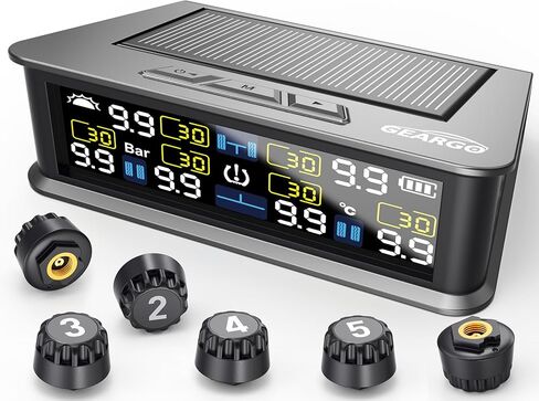نظام مراقبة ضغط إطارات Geargo RV (TPMS) - يعمل بالطاقة الشمسية مع 6 مستشعرات و 6 أوضاع إنذار ، 2025 شاشة LCD ملونة محدثة ، 9.9bar/144psi ، ل RV/Trailer/Truck/Sedan in Kuwait
