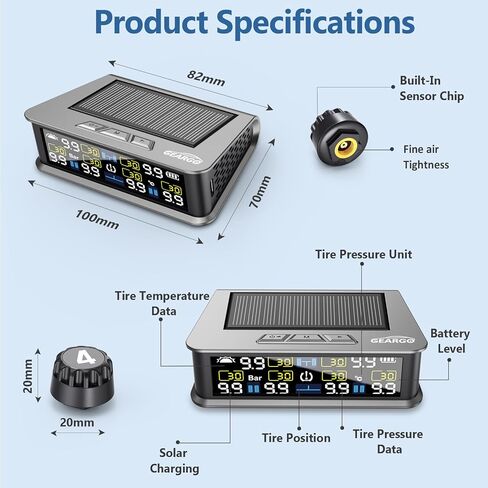 نظام مراقبة ضغط إطارات Geargo RV (TPMS) - يعمل بالطاقة الشمسية مع 6 مستشعرات و 6 أوضاع إنذار ، 2025 شاشة LCD ملونة محدثة ، 9.9bar/144psi ، ل RV/Trailer/Truck/Sedan in Kuwait