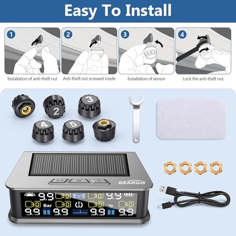 نظام مراقبة ضغط إطارات Geargo RV (TPMS) - يعمل بالطاقة الشمسية مع 6 مستشعرات و 6 أوضاع إنذار ، 2025 شاشة LCD ملونة محدثة ، 9.9bar/144psi ، ل RV/Trailer/Truck/Sedan in Kuwait