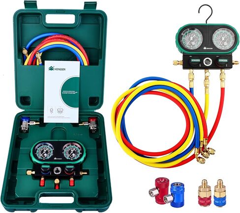 AC Manifold Gauge Set for R134a, R1234yf, and R410A, 800 PSI Dual-Scale HVAC Gauge Kit with 5FT Hoses, Brass Body, Foldable Hook, Quick Couplers, Adapter, and Carrying Case in Saudi Arabia