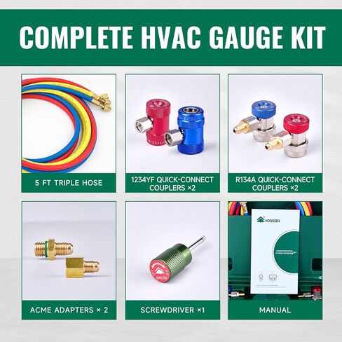 AC Manifold Gauge Set for R134a, R1234yf, and R410A, 800 PSI Dual-Scale HVAC Gauge Kit with 5FT Hoses, Brass Body, Foldable Hook, Quick Couplers, Adapter, and Carrying Case in Saudi Arabia