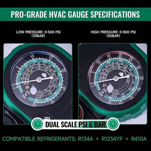 AC Manifold Gauge Set for R134a, R1234yf, and R410A, 800 PSI Dual-Scale HVAC Gauge Kit with 5FT Hoses, Brass Body, Foldable Hook, Quick Couplers, Adapter, and Carrying Case in Saudi Arabia