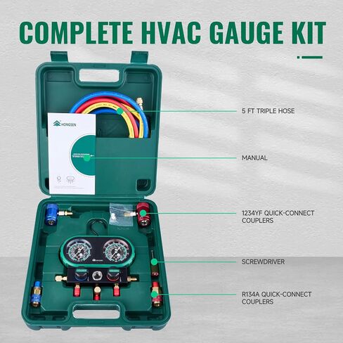 AC Manifold Gauge Set for R134a, R1234yf, and R410A, 800 PSI Dual-Scale HVAC Gauge Kit with 5FT Hoses, Brass Body, Foldable Hook, Quick Couplers, Adapter, and Carrying Case in Saudi Arabia