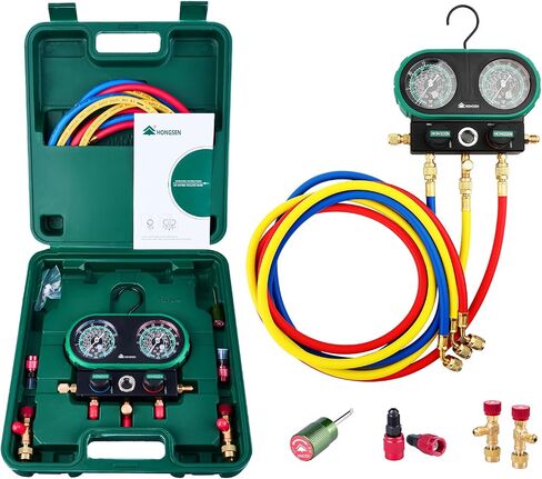 AC Manifold Gauge Set for R134a, R1234yf, and R410A, 800 PSI Dual-Scale HVAC Gauge Kit with 5FT Hoses, Brass Body, Foldable Hook, Quick Couplers, Adapter, and Carrying Case in Saudi Arabia