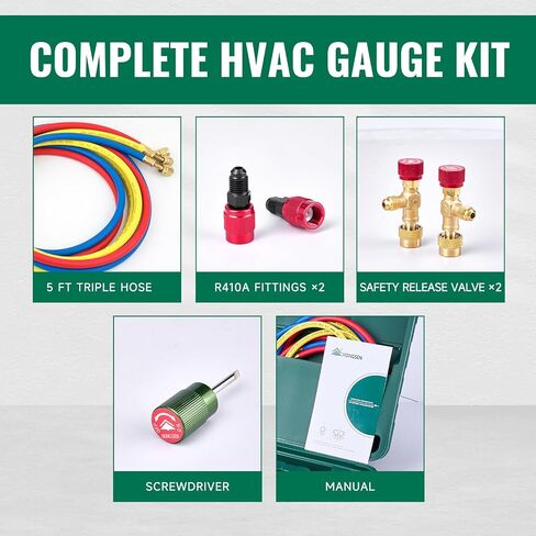AC Manifold Gauge Set for R134a, R1234yf, and R410A, 800 PSI Dual-Scale HVAC Gauge Kit with 5FT Hoses, Brass Body, Foldable Hook, Quick Couplers, Adapter, and Carrying Case in Saudi Arabia