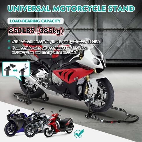 850LB Heavy-Duty Motorcycle Lift Stand Combo, Adjustable Front Fork & U+L Rear Spool Stand, Universal Fit Paddock Stand Wheel Lift for Sport Bikes, Black in Saudi Arabia