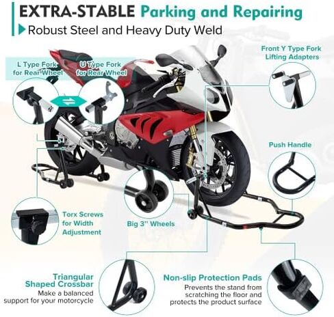 850LB Heavy-Duty Motorcycle Lift Stand Combo, Adjustable Front Fork & U+L Rear Spool Stand, Universal Fit Paddock Stand Wheel Lift for Sport Bikes, Black in Saudi Arabia