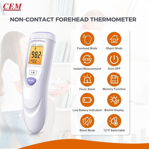CEM DT-8807S FDA CE No-Touch Forehead Digital Infrared Thermometer for Adults and Kids, Touchless Baby Thermometer with 3 Ultra-Sensitive Sensors, Large LED Display and Gentle Vibration Alert in Saudi Arabia