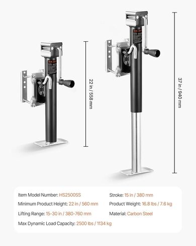 VEVOR Trailer Jack, 2500 lbs Dynamic Load Capacity, Heavy Duty Swivel Bolt-on Trailer Jack with Ergonomic Handle, 15-inch Vertical Travel, Suitable for RV, Horse, Utility, Camping and Yacht Trailers in Saudi Arabia