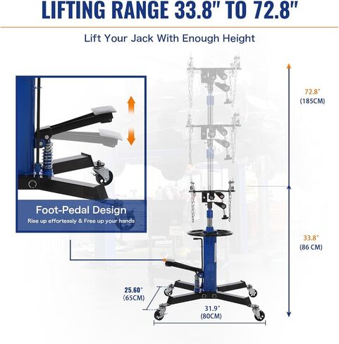 Hydraulic Transmission Jack 1100 LBS Capacity 33.8"-72.8" Lifting Height 2 Stage Hydraulic Telescoping Jack, Trans Jack Stand Heavy Duty with Foot Pedal and 360° Swivel Wheel, Blue in Kuwait