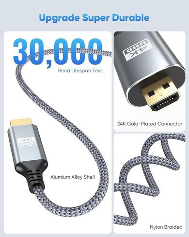 4K Micro HDMI to HDMI Cable 6FT, High Speed HDMI to Micro HDMI Cable Nylon Braided Micro HDMI Adapter 4K@60Hz, 2K@165Hz, HDR, ARC, 3D for Raspberry Pi 5/4, Camera, Laptop, Video Capture Card in Kuwait