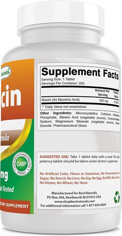 Best Naturals Niacin 500mg 250 Tablets with Flushing - Also Called Vitamin B3 (250 Count (Pack of 2)) in Saudi Arabia
