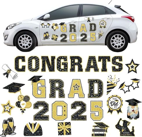 Landhoow 30 قطعة مغناطيس سيارة التخرج 2024 ديكور سيارة التخرج ملصق ممتص للصدمات Congrats Grad قبعة التخرج مغناطيس مغناطيسي ثلاجة سيارة ملصق مائي لحفلة التخرج (أسود، ذهبي) in Kuwait