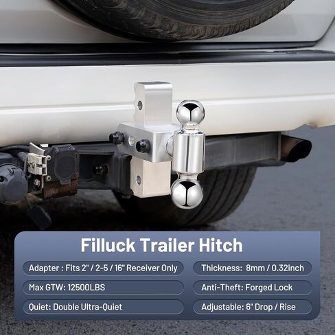 Adjustable Trailer Hitch Fits 2" Receiver, 2" & 2-5/16"(12,500 LBS GTW) Rotatable Dual Solid Ball, 6" Drop/Rise Heavy Duty Aluminum Tow Hitch in Saudi Arabia