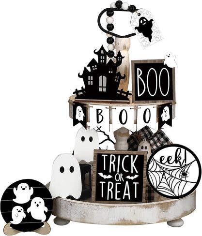 Umigy 15 Pcs Halloween Tiered Tray Decor Set Cute Halloween Bat Wooden Signs Farmhouse Rustic Tiered Tray Decoration Items for Home Table Kitchen Halloween Party Supplies in Kuwait