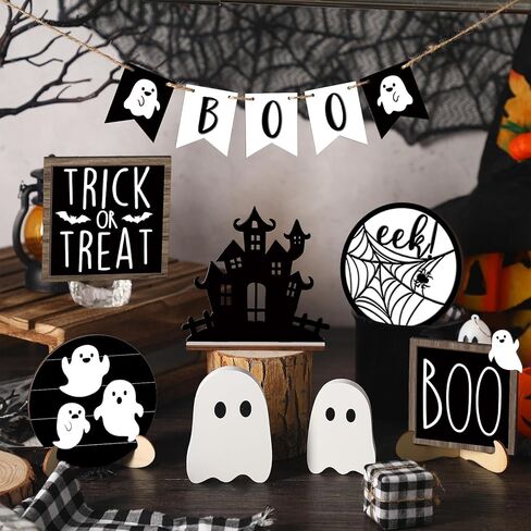 Umigy 15 Pcs Halloween Tiered Tray Decor Set Cute Halloween Bat Wooden Signs Farmhouse Rustic Tiered Tray Decoration Items for Home Table Kitchen Halloween Party Supplies in Kuwait