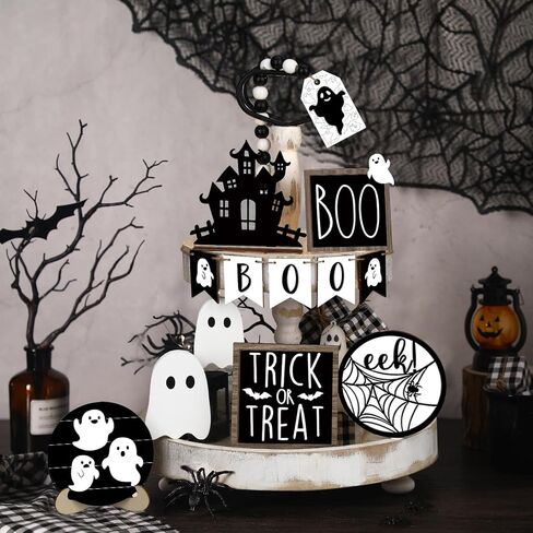 Umigy 15 Pcs Halloween Tiered Tray Decor Set Cute Halloween Bat Wooden Signs Farmhouse Rustic Tiered Tray Decoration Items for Home Table Kitchen Halloween Party Supplies in Kuwait