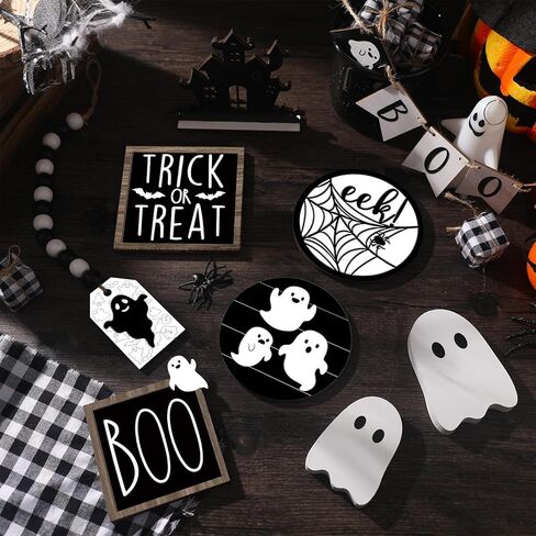Umigy 15 Pcs Halloween Tiered Tray Decor Set Cute Halloween Bat Wooden Signs Farmhouse Rustic Tiered Tray Decoration Items for Home Table Kitchen Halloween Party Supplies in Kuwait