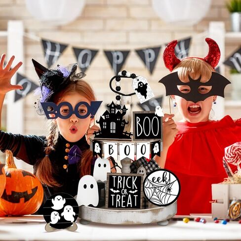 Umigy 15 Pcs Halloween Tiered Tray Decor Set Cute Halloween Bat Wooden Signs Farmhouse Rustic Tiered Tray Decoration Items for Home Table Kitchen Halloween Party Supplies in Kuwait