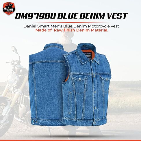 Daniel Smart Sleeveless Denim Biker Vest for Men Unique Raw Blue & Black Jean Vest with Snap Closure & Multiple Carry Pockets in Saudi Arabia
