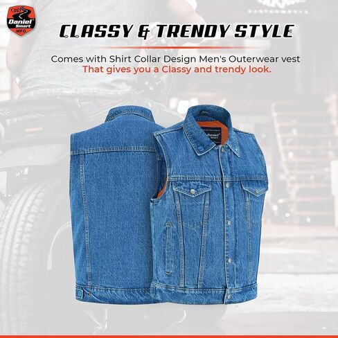Daniel Smart Sleeveless Denim Biker Vest for Men Unique Raw Blue & Black Jean Vest with Snap Closure & Multiple Carry Pockets in Saudi Arabia